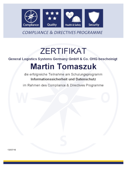 Martin Tomaszuk Zertifikat Datenschutz